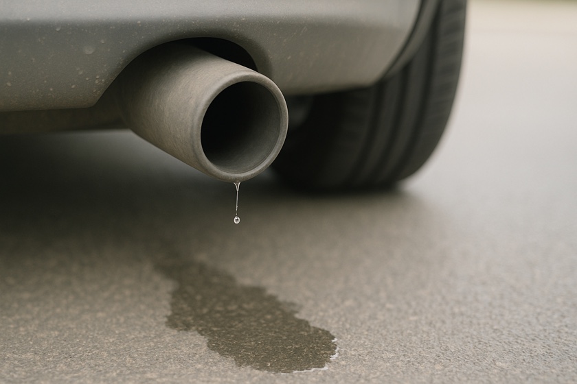 Exhaust dripping fluid and forming a puddle underneath car