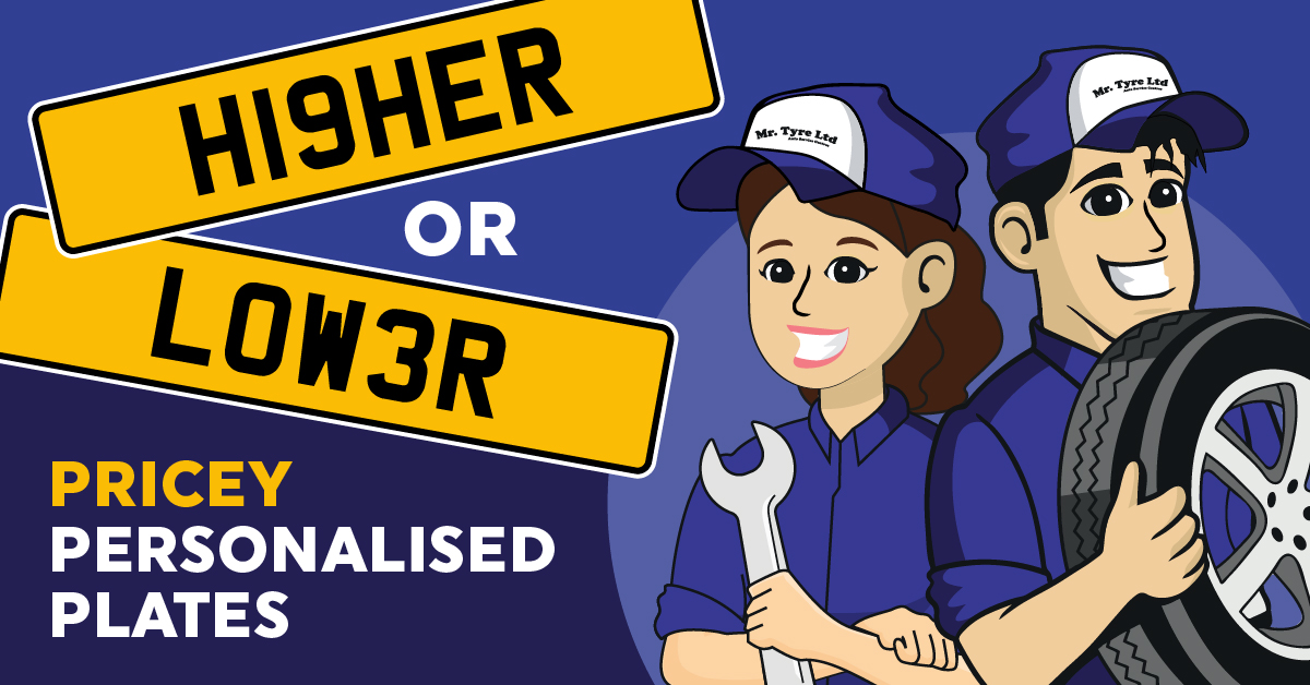 A graphic for Mr Tyre's 'Higher or Lower: Pricey Personalised Plates' quiz, featuring two yellow license plates with the text 'HI9HER' or 'LOW3R'. To the right, Mr and Mrs Tyre are smiling holding a car tyre and a wrench, respectively.
