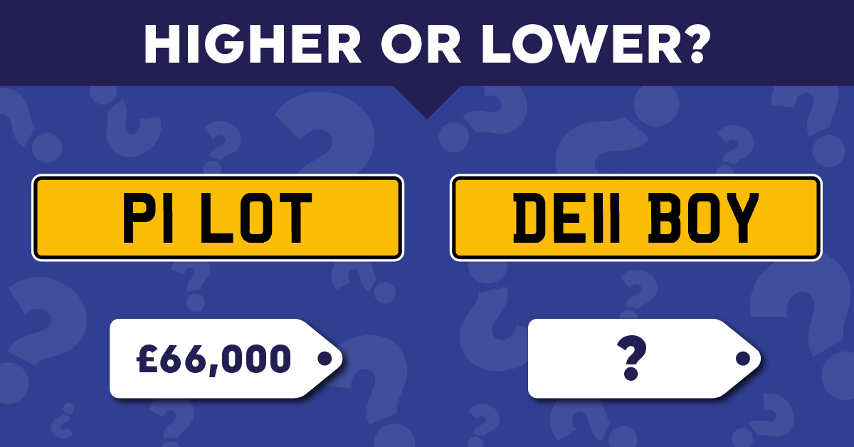 A 'Higher or Lower?' game question comparing the estimated price of two personalised UK number plates: 'P1 LOT' (costing £66,000) and 'DE11 BOY' (with a question mark). The user must guess if 'DE11 BOY' is higher or lower in price than 'P1 LOT'.